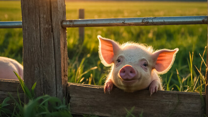 Cute pig on a farm in summer