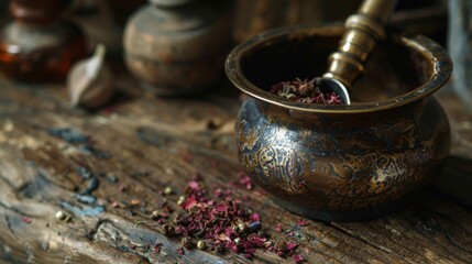 Fototapeta premium Antique Brass Bowl with Dried Herbs