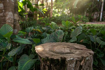 Sunlight Through The Trees on a Tree Stump