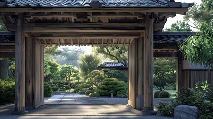 architectural detail of a traditional Japanese garden gate, constructed from natural wood and designed to harmonize with the serene landscape it guards