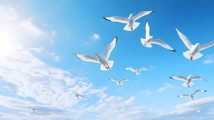 Obraz premium Elegant Soaring Seagulls Against a Vibrant Blue Sky: A Stunning Tribute to Bird Life