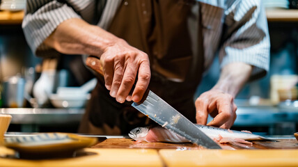 料理人が魚をさばいている様子