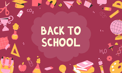 back to school banner. templates for the beginning of the school year. Books, globe, notebook, pencil, stickers