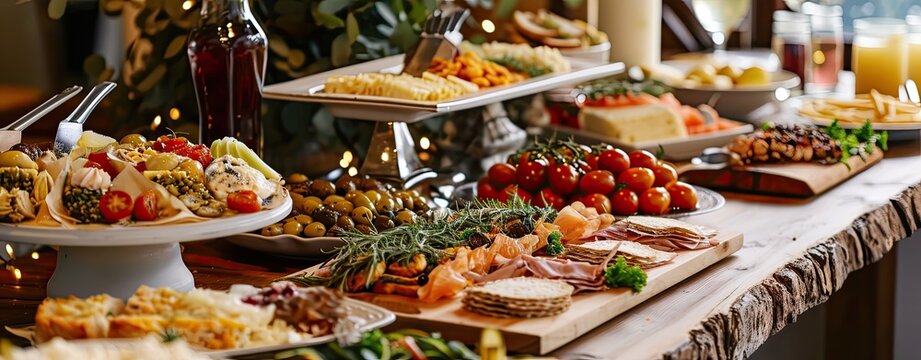 catered banquet table with a variety of appetizers, snacks, and sandwiches