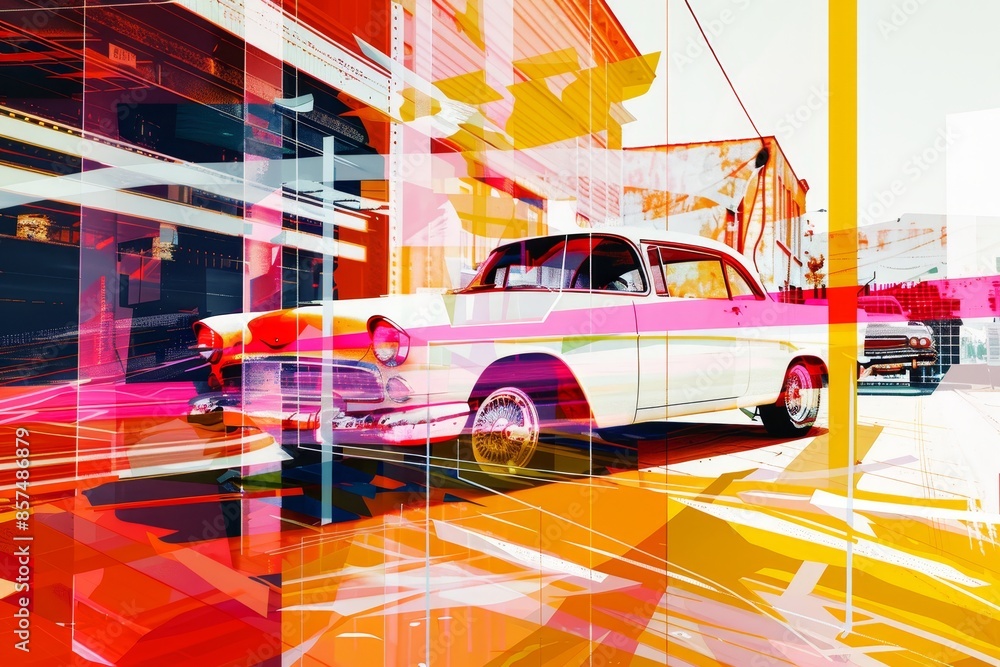 Poster dynamic car montage with white outlines and radiant light in segmented layout for a vibrant display