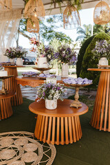 wedding party table decorated with cake and sweets