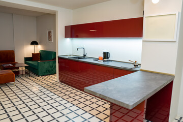 Red design kitchen in a hotel, hotel service industry