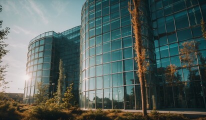 Fototapeta premium Elegant curving glass building in urban garden setting.