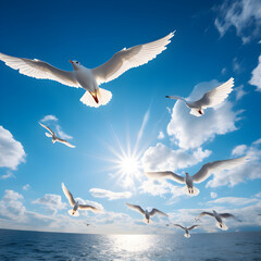 Elegant Soaring Seagulls Against a Vibrant Blue Sky: A Stunning Tribute to Bird Life