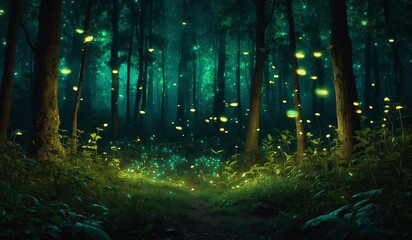 Obraz premium Enchanting forest with glowing fireflies at night