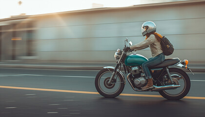 A vintage motorcycle and rider captured in motion during golden hour on an urban road