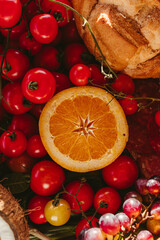 delicious food and fruits on a tidy table