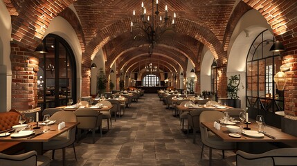 elegant restaurant with vaulted brick ceilings and arches that echo the culinary traditions and heritage of the region, providing a rustic yet sophisticated dining environment