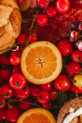 delicious food and fruits on a tidy table