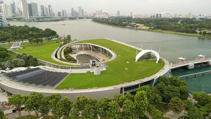 Singapore - September 13, 2023: Aerial view of Marina Barrage cityscape and coastline on a overcast...