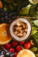 delicious food and fruits on a tidy table