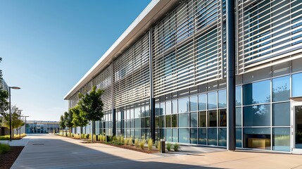 exterior shot of a building with modern architectural fins that provide both sun shading and a dynamic aesthetic to the facade
