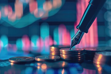 Stacked coins fountain pen glowing business chart. Financial growth.