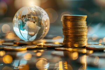 Glass globe on pile and stack of golden money coin. Business and financial concept background.