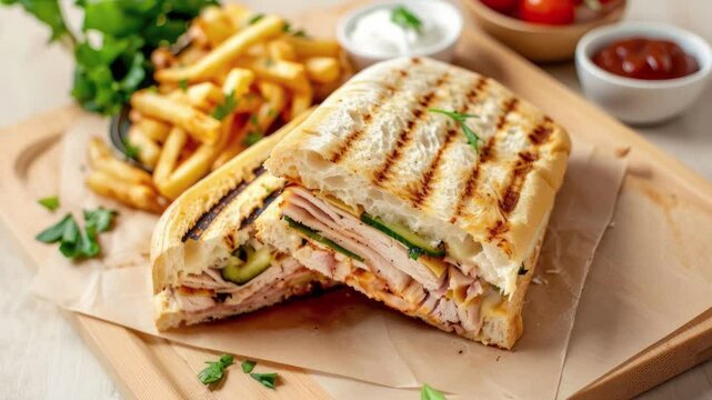 Zooming in on a Turkey Panini with French Fries on a Wooden Table