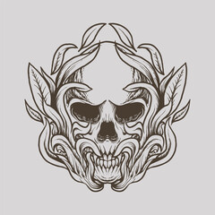 skull with leaf ornament line art vector illustration design