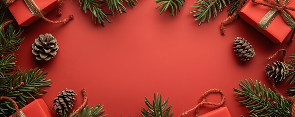 Christmas decorations with pine branches and gift boxes on red background. Holiday season and festive decor concept