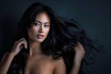 Fototapeta premium Beautiful long curly hair asian woman model hair smooth brunette hairstyle model, Haircare Product model advertising. Copy space.