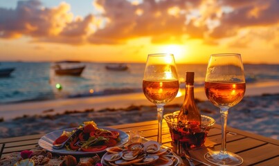 Fototapeta premium Romantic dinner at sunset against the ocean background. Dinner for a couple in love in a luxurious restaurant under the open sky