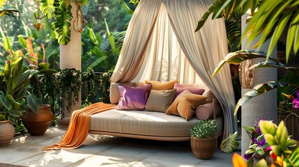 ornamental canopy daybed on an outdoor terrace, draped with light, airy fabrics and surrounded by tropical plants, offering a luxurious relaxation spot