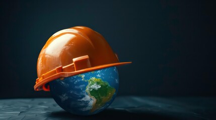 Symbol of safety and health at work: the planet Earth and the helmet. A safety and health concept for the World Day of Safety and Health at Work.