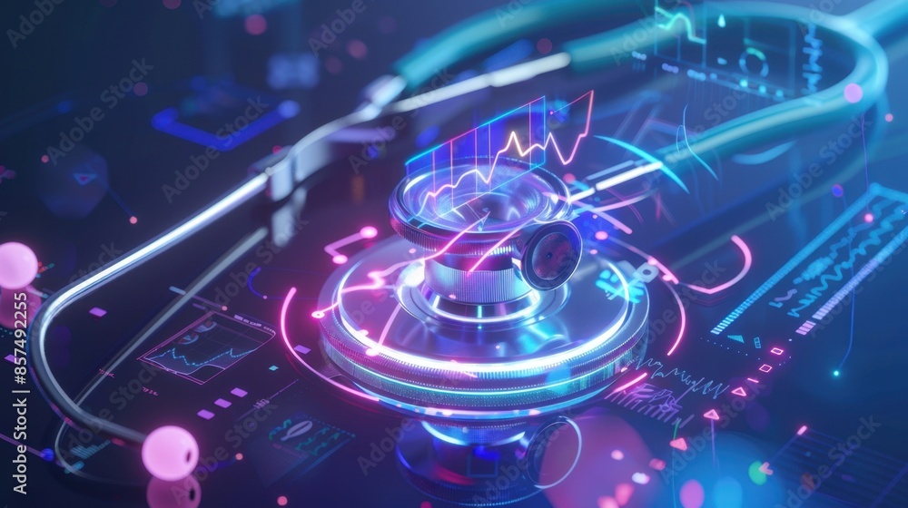 Poster a close-up of a stethoscope on a digital interface with glowing lines and graphs, representing advan