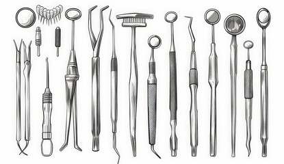 Medical Instruments Collection: Black and White Illustration of Dental Tools for Medical Diagrams