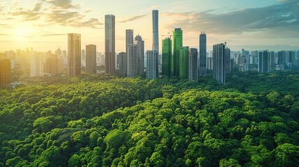 Urban Skyline Emerges from a Lush Forest Canopy