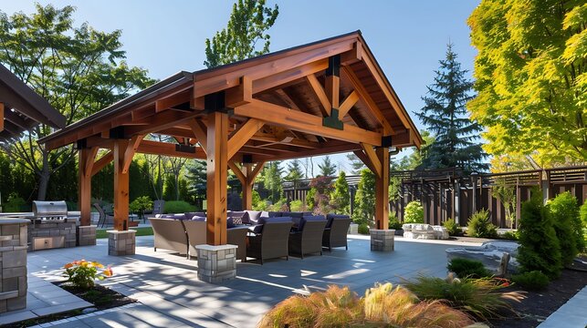 outdoor pavilion with a complex timber frame structure, showcasing the beauty of natural wood and the skill of traditional carpentry in a contemporary design