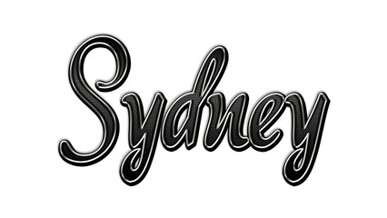 black metal 3d design of city name Sydney on white background.