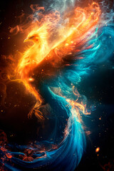 Phoenix on fire in blue and yellow colors symbol of rebirth