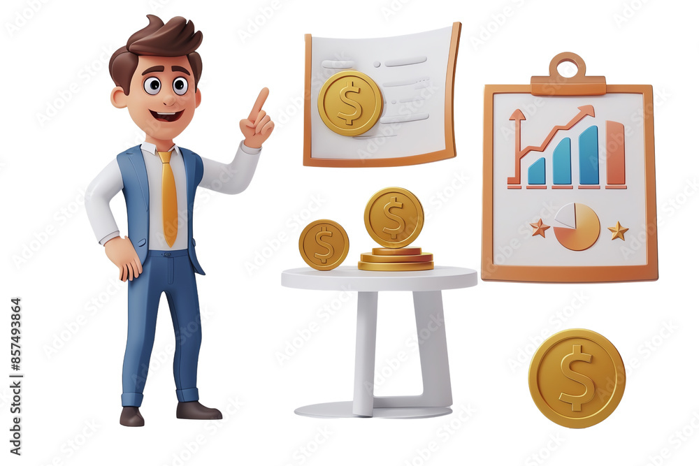 Poster 3d rendering of a businessman pointing at a flipchart with a graph and coins on a table., isolated o
