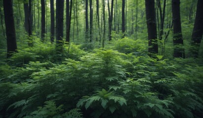 Fototapeta premium Lush forest scenery with dense foliage and tall trees