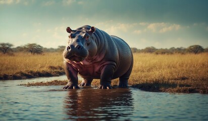Obraz premium Wild hippopotamus in a natural watery habitat