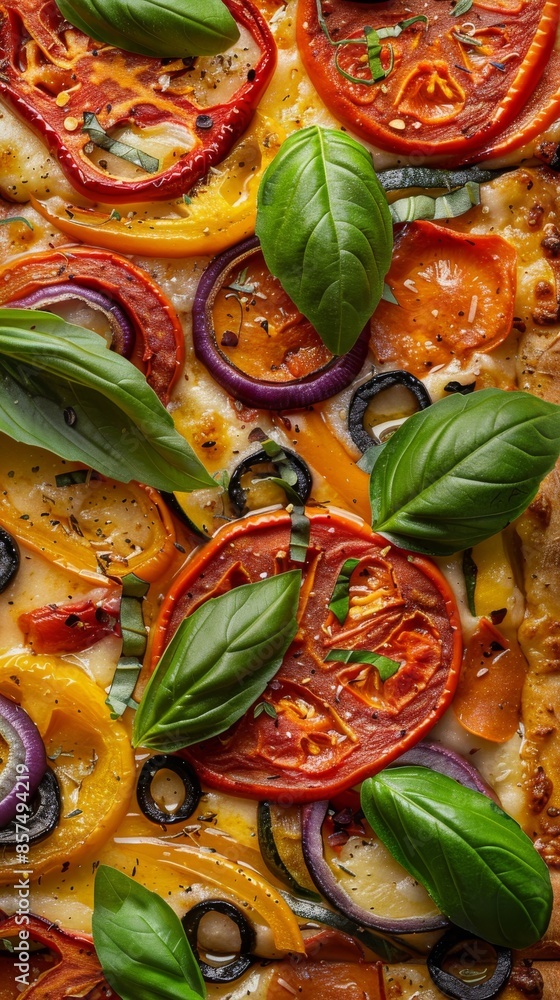 Wall mural close-up of a vegetable pizza with fresh basil, tomatoes, and olives. gourmet italian cuisine, healt