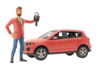 A man is standing next to a red car. He is holding the keys to the car and smiling., isolated on a transparent background.