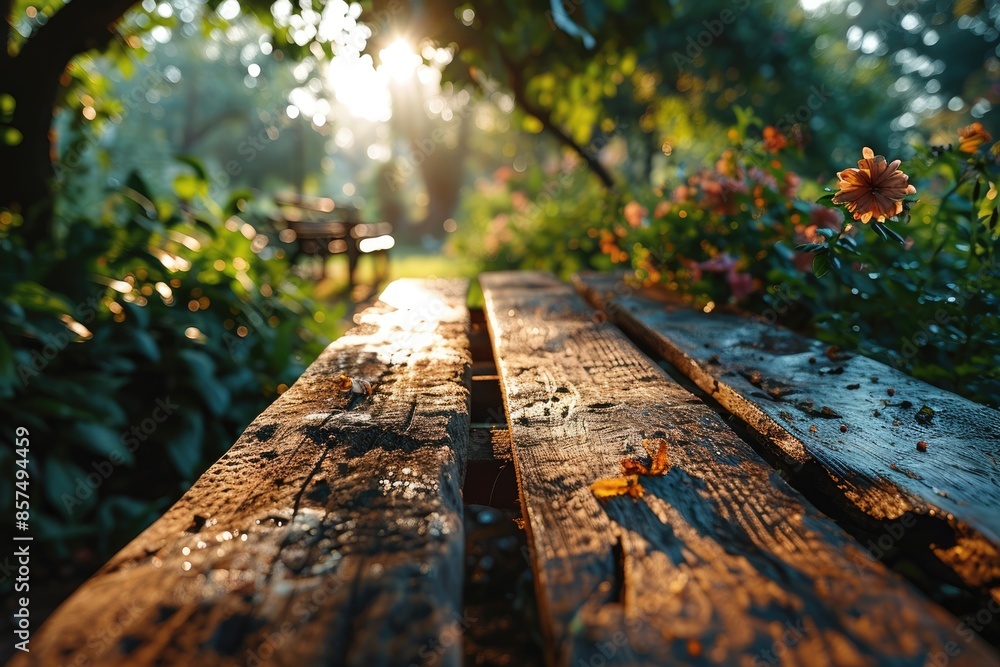 Poster the picture of the wood table in the middle of the forest that surrounded with an uncountable amount