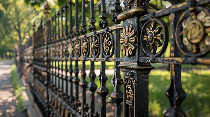 close-up of an intricately designed ironwork fence around a private park, where each section tells a different story through its motifs and symbols