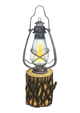 Watercolor vintage oil lantern on a wooden stump isolated on white background. Hand drawn camping old kerosene lamp design. Travel retro metal equipment for camp and adventure. Antique rusty glass