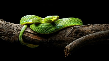 Fototapeta premium Stunning Green Snake Coiled on a Tree Branch, Generative AI