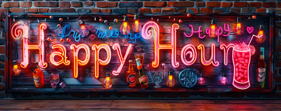 Vibrant neon sign with the words Happy Hour and colorful symbols, lighting up a brick wall, inviting to discounted leisure time at a bar or pub
