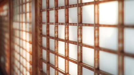 close-up of a traditional Japanese sliding door (shoji), featuring a delicate wooden lattice covered with translucent paper, allowing for soft, diffused light