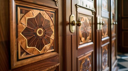 close-up of bespoke cabinet doors in a study, featuring inlaid wood designs and custom brass hardware