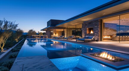 Fototapeta premium outdoor living space - modern mansion in the desert at night with swimming pool