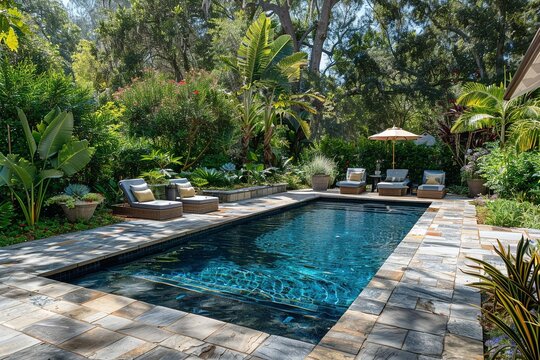 Luxurious tropical backyard with swimming pool and lush landscaping